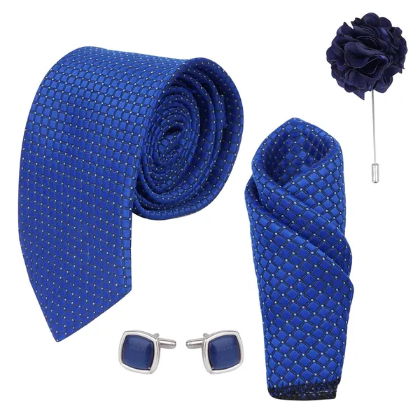 Mens_Plaid_Micro_Self_Silk_Necktie_Gift_Set_With_Pocket_Square_Cufflinks_&_Brooch_Pin_Formal_Tie_With_Leatherite_Box_(Sidirx_Free_Size)_|_Leather_Gift_Box