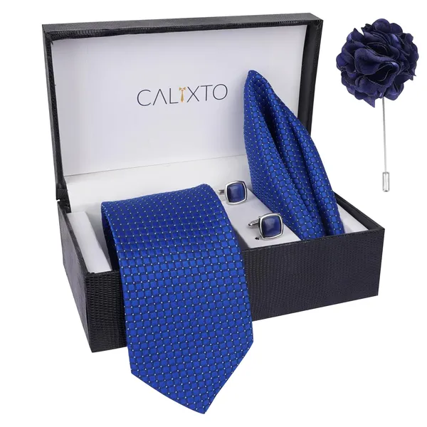Mens_Plaid_Micro_Self_Silk_Necktie_Gift_Set_With_Pocket_Square_Cufflinks_&_Brooch_Pin_Formal_Tie_With_Leatherite_Box_(Sidirx_Free_Size)_|_Leather_Gift_Box