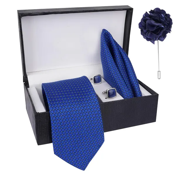 Mens_Plaid_Micro_Self_Silk_Necktie_Gift_Set_With_Pocket_Square_Cufflinks_&_Brooch_Pin_Formal_Tie_With_Leatherite_Box_(Sidirx_Free_Size)_|_Leather_Gift_Box