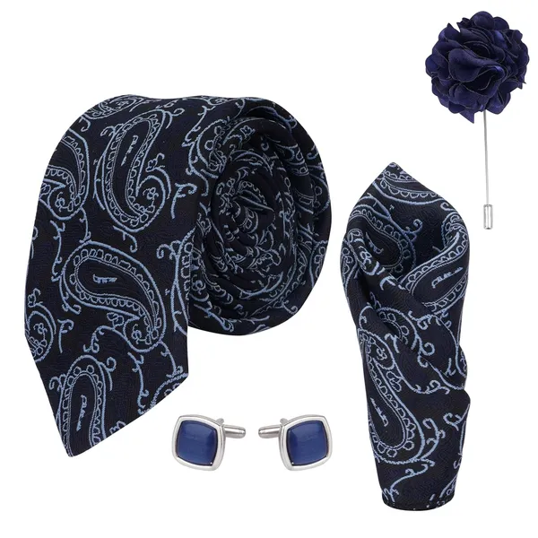 Blue_Men_Plaid_Micro_Self_Silk_Necktie_Gift_Set_With_Pocket_Square_Cufflinks_&_Brooch_Pin_Formal_Tie_With_Leatherite_Box_(Sidirx_Free_Size)_|_Leather_Gift_Box