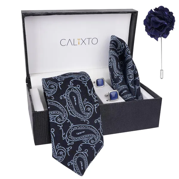 Blue_Men_Plaid_Micro_Self_Silk_Necktie_Gift_Set_With_Pocket_Square_Cufflinks_&_Brooch_Pin_Formal_Tie_With_Leatherite_Box_(Sidirx_Free_Size)_|_Leather_Gift_Box