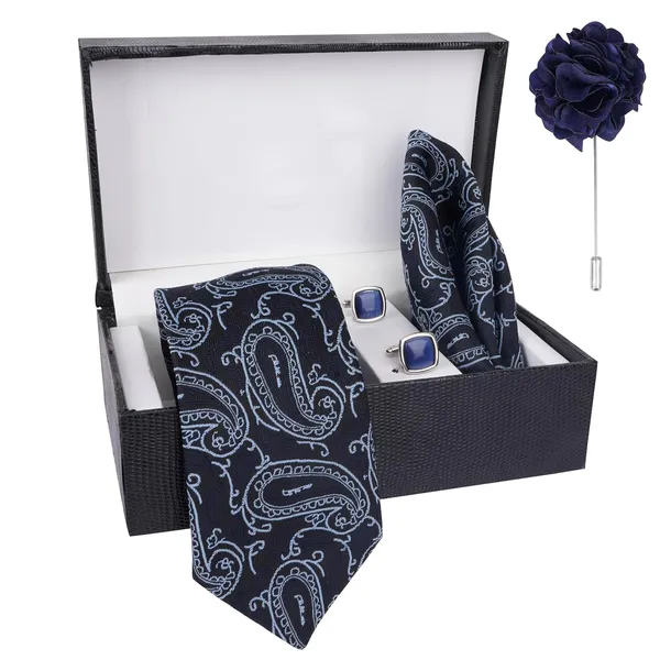 Blue_Men_Plaid_Micro_Self_Silk_Necktie_Gift_Set_With_Pocket_Square_Cufflinks_&_Brooch_Pin_Formal_Tie_With_Leatherite_Box_(Sidirx_Free_Size)_|_Leather_Gift_Box