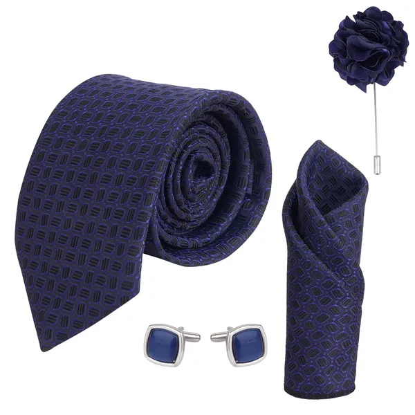 Black_&_Navy_Mens_Plaid_Micro_Self_Silk_Necktie_Gift_Set_With_Pocket_Square_Cufflinks_&_Brooch_Pin_Formal_Tie_With_Leatherite_Box_(Sidirx_Free_Size)_|_Leather_Gift_Box