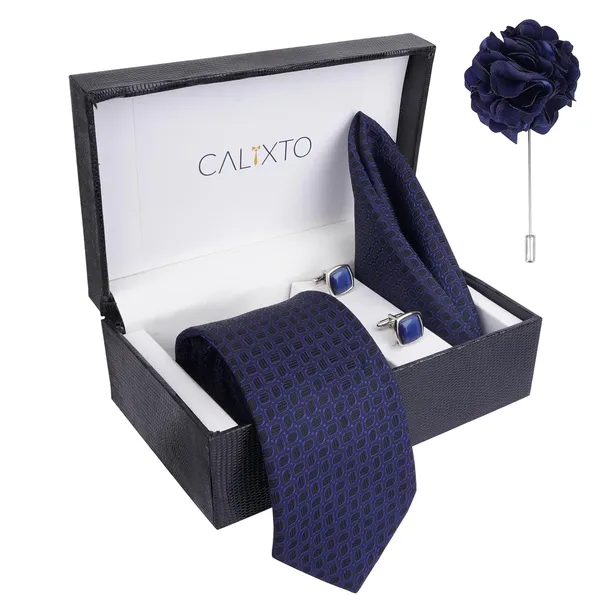 Black_&_Navy_Mens_Plaid_Micro_Self_Silk_Necktie_Gift_Set_With_Pocket_Square_Cufflinks_&_Brooch_Pin_Formal_Tie_With_Leatherite_Box_(Sidirx_Free_Size)_|_Leather_Gift_Box