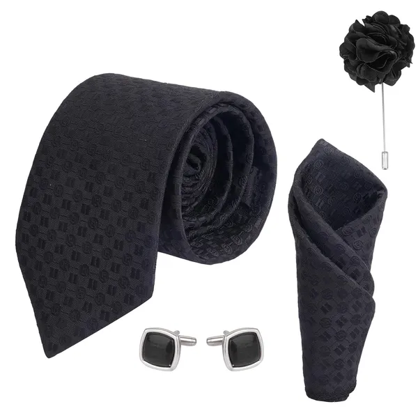 Dark_Black_Mens_Plaid_Micro_Self_Silk_Necktie_Gift_Set_With_Pocket_Square_Cufflinks_&_Brooch_Pin_Formal_Tie_With_Leatherite_Box_(Sidirx_Free_Size)_|_Leather_Gift_Box