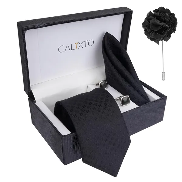 Dark_Black_Mens_Plaid_Micro_Self_Silk_Necktie_Gift_Set_With_Pocket_Square_Cufflinks_&_Brooch_Pin_Formal_Tie_With_Leatherite_Box_(Sidirx_Free_Size)_|_Leather_Gift_Box