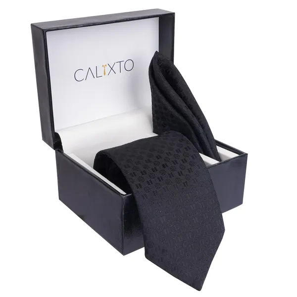 Dark_Black_Mens_Plaid_Micro_Self_Silk_Necktie_Gift_Set_With_Pocket_Square_Cufflinks_&_Brooch_Pin_Formal_Tie_With_Leatherite_Box_(Sidirx_Free_Size)_|_Leather_Gift_Box