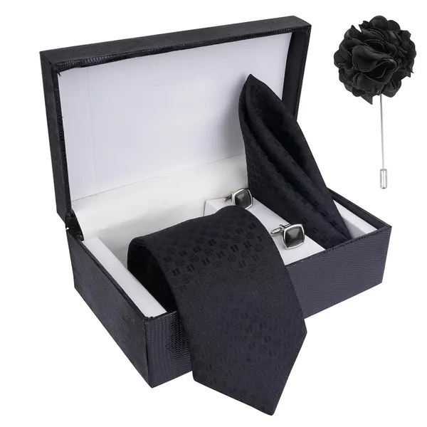 Dark_Black_Mens_Plaid_Micro_Self_Silk_Necktie_Gift_Set_With_Pocket_Square_Cufflinks_&_Brooch_Pin_Formal_Tie_With_Leatherite_Box_(Sidirx_Free_Size)_|_Leather_Gift_Box