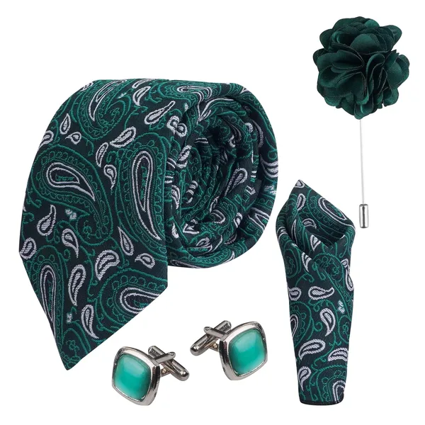 Green_&_Black_Mens_Plaid_Micro_Self_Silk_Necktie_Gift_Set_With_Pocket_Square_Cufflinks_&_Brooch_Pin_Formal_Tie_With_Leatherite_Box_(Sidirx_Free_Size)_|_Leather_Gift_Box