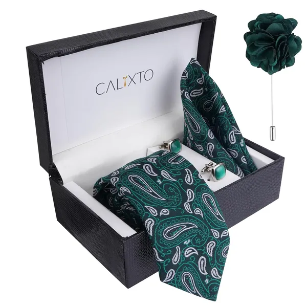 Green_&_Black_Mens_Plaid_Micro_Self_Silk_Necktie_Gift_Set_With_Pocket_Square_Cufflinks_&_Brooch_Pin_Formal_Tie_With_Leatherite_Box_(Sidirx_Free_Size)_|_Leather_Gift_Box