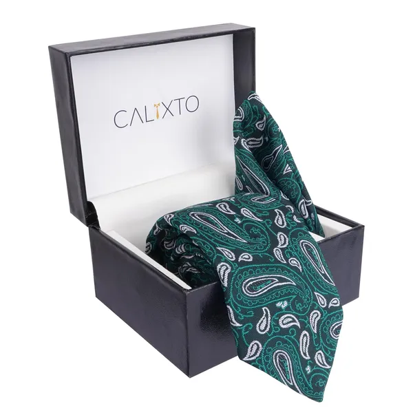 Green_&_Black_Mens_Plaid_Micro_Self_Silk_Necktie_Gift_Set_With_Pocket_Square_Cufflinks_&_Brooch_Pin_Formal_Tie_With_Leatherite_Box_(Sidirx_Free_Size)_|_Leather_Gift_Box