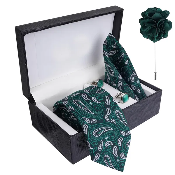 Green_&_Black_Mens_Plaid_Micro_Self_Silk_Necktie_Gift_Set_With_Pocket_Square_Cufflinks_&_Brooch_Pin_Formal_Tie_With_Leatherite_Box_(Sidirx_Free_Size)_|_Leather_Gift_Box