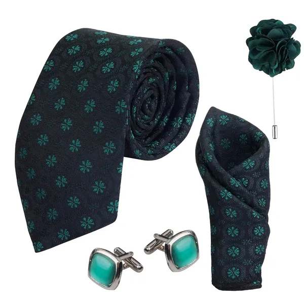 Dark_Green_Mens_Plain_Micro_Self_Silk_Necktie_Gift_Set_With_Pocket_Square_Cufflinks_&_Brooch_Pin_Formal_Tie_With_Leatherite_Box_(Sidirx_Free_Size)_|_Leather_Gift_Box