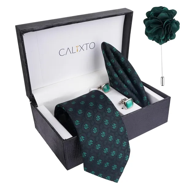 Dark_Green_Mens_Plain_Micro_Self_Silk_Necktie_Gift_Set_With_Pocket_Square_Cufflinks_&_Brooch_Pin_Formal_Tie_With_Leatherite_Box_(Sidirx_Free_Size)_|_Leather_Gift_Box