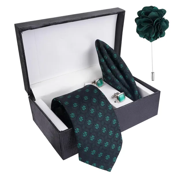 Dark_Green_Mens_Plain_Micro_Self_Silk_Necktie_Gift_Set_With_Pocket_Square_Cufflinks_&_Brooch_Pin_Formal_Tie_With_Leatherite_Box_(Sidirx_Free_Size)_|_Leather_Gift_Box