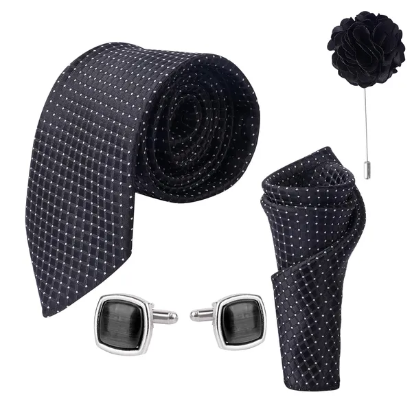 Black_Micro_Self_Silk_Necktie_With_Pocket_Square,_Cufflinks_&_Brooch_Pin_Leather_Gift_Box_(Set_of_4)
