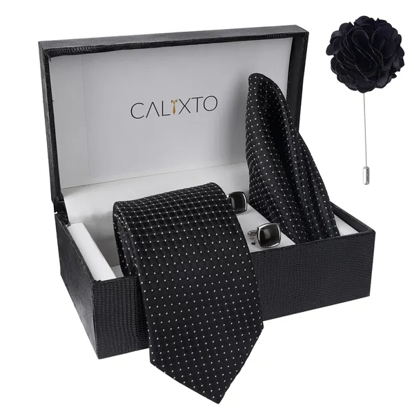 Black_Micro_Self_Silk_Necktie_With_Pocket_Square,_Cufflinks_&_Brooch_Pin_Leather_Gift_Box_(Set_of_4)