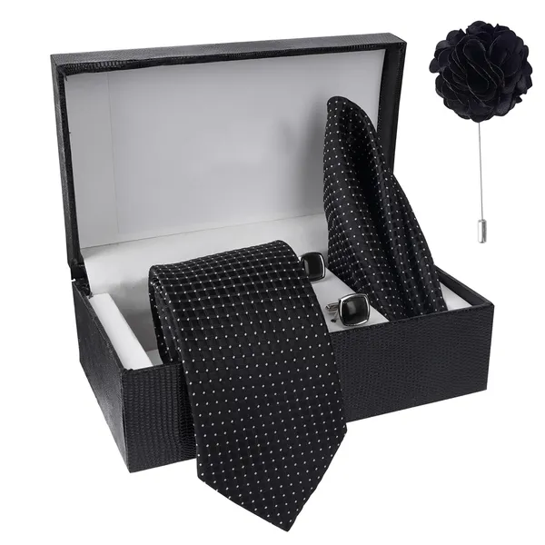 Black_Micro_Self_Silk_Necktie_With_Pocket_Square,_Cufflinks_&_Brooch_Pin_Leather_Gift_Box_(Set_of_4)