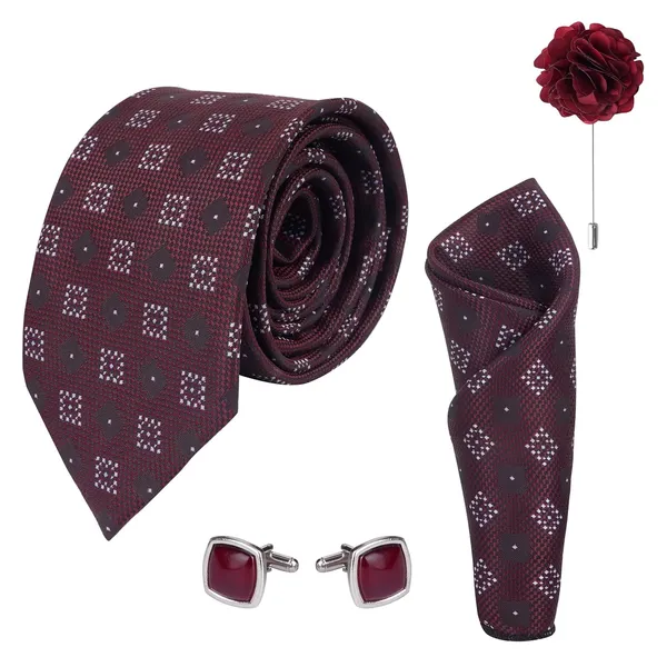 Brown_Mens_Plaid_Micro_Self_Silk_Necktie_Gift_Set_With_Pocket_Square_Cufflinks_&_Brooch_Pin_Formal_Tie_With_Leatherite_Box_(Sidirx_Free_Size)_|_Leather_Gift_Box