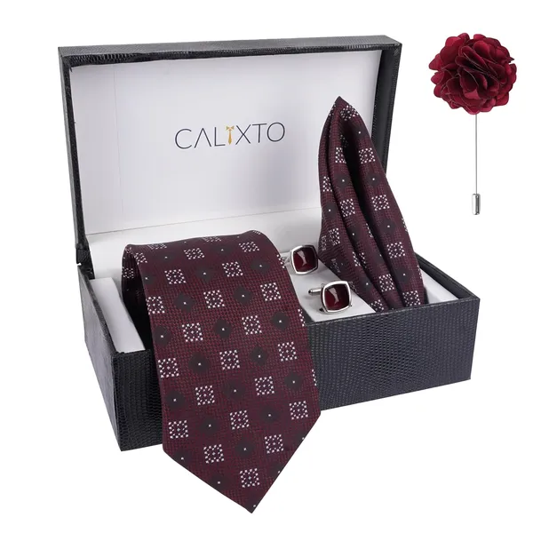 Brown_Mens_Plaid_Micro_Self_Silk_Necktie_Gift_Set_With_Pocket_Square_Cufflinks_&_Brooch_Pin_Formal_Tie_With_Leatherite_Box_(Sidirx_Free_Size)_|_Leather_Gift_Box