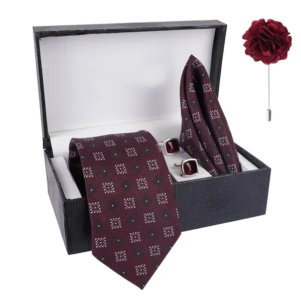 Brown_Mens_Plaid_Micro_Self_Silk_Necktie_Gift_Set_With_Pocket_Square_Cufflinks_&_Brooch_Pin_Formal_Tie_With_Leatherite_Box_(Sidirx_Free_Size)_|_Leather_Gift_Box