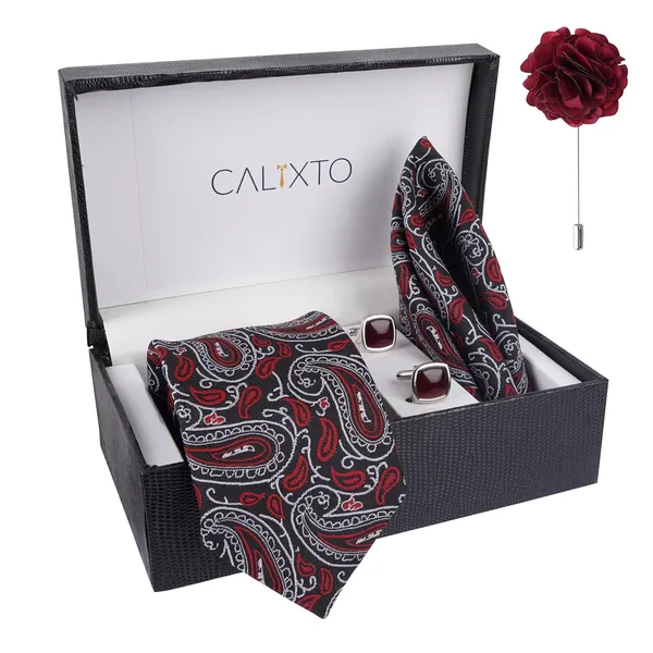 White,Red_&_Black_Micro_Self_Silky_Necktie_With_Pocket_Square_Cufflinks_&_Brooch_Pin_Leather_Gift_Box_(Set_of_4)