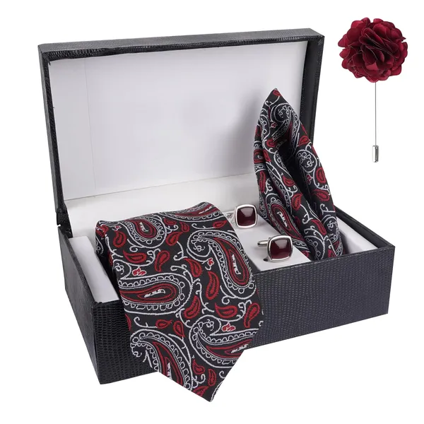 White,Red_&_Black_Micro_Self_Silky_Necktie_With_Pocket_Square_Cufflinks_&_Brooch_Pin_Leather_Gift_Box_(Set_of_4)