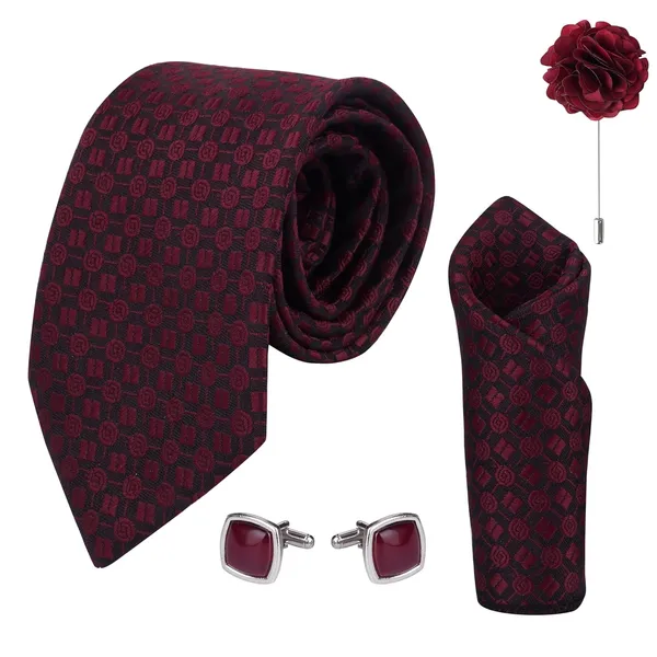 Black_&_Maroon_Micro_Self_Silky_Necktie_With_Pocket_Square,_Cufflinks_&_Brooch_Pin_Leather_Gift_Box_(Set_of_4)