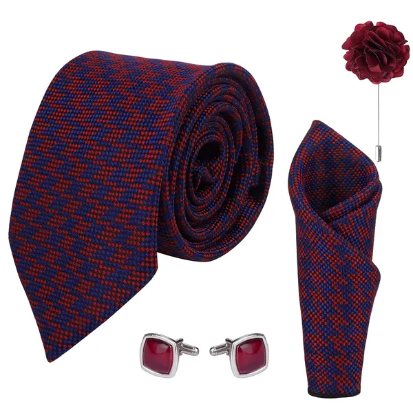 Red_&_Navy_Micro_Self_Silky_Necktie_With_Pocket_Square,_Cufflinks_&_Brooch_Pin_Leather_Gift_Box_(Set_of_4)