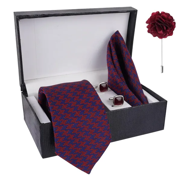 Red_&_Navy_Micro_Self_Silky_Necktie_With_Pocket_Square,_Cufflinks_&_Brooch_Pin_Leather_Gift_Box_(Set_of_4)