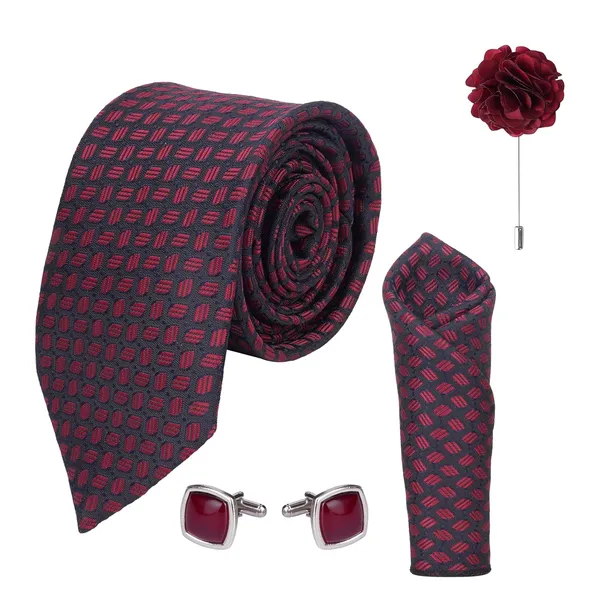 Black_&_Wine_Men_Plaid_Micro_Self_Silk_Necktie_Gift_Set_With_Pocket_Square_Cufflinks_&_Brooch_Pin_Formal_Tie_With_Leatherite_Box_(Sidirx_Free_Size)_|_Leather_Gift_Box