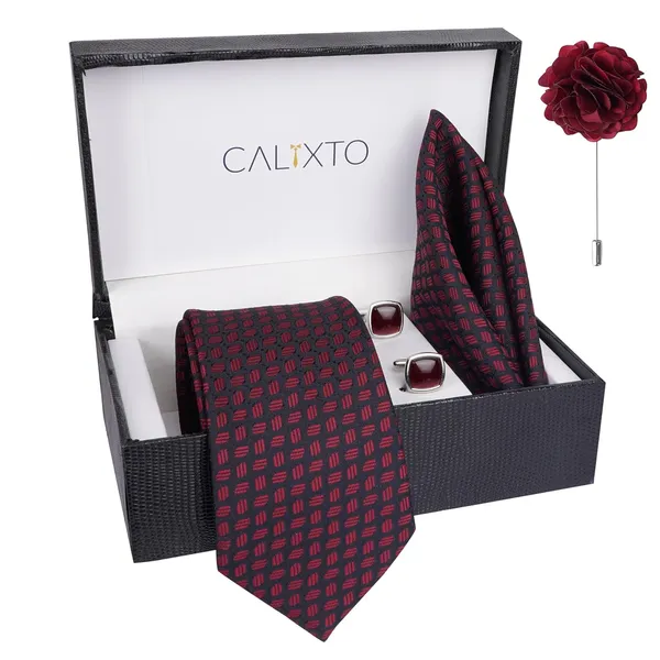 Black_&_Wine_Men_Plaid_Micro_Self_Silk_Necktie_Gift_Set_With_Pocket_Square_Cufflinks_&_Brooch_Pin_Formal_Tie_With_Leatherite_Box_(Sidirx_Free_Size)_|_Leather_Gift_Box