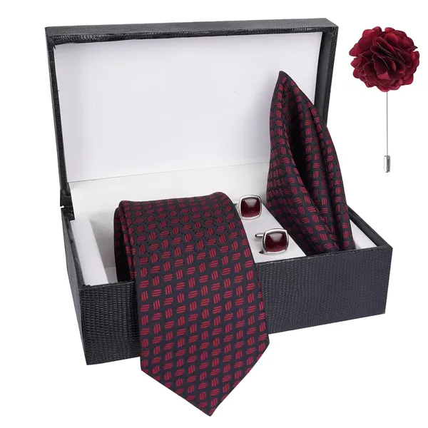 Black_&_Wine_Men_Plaid_Micro_Self_Silk_Necktie_Gift_Set_With_Pocket_Square_Cufflinks_&_Brooch_Pin_Formal_Tie_With_Leatherite_Box_(Sidirx_Free_Size)_|_Leather_Gift_Box