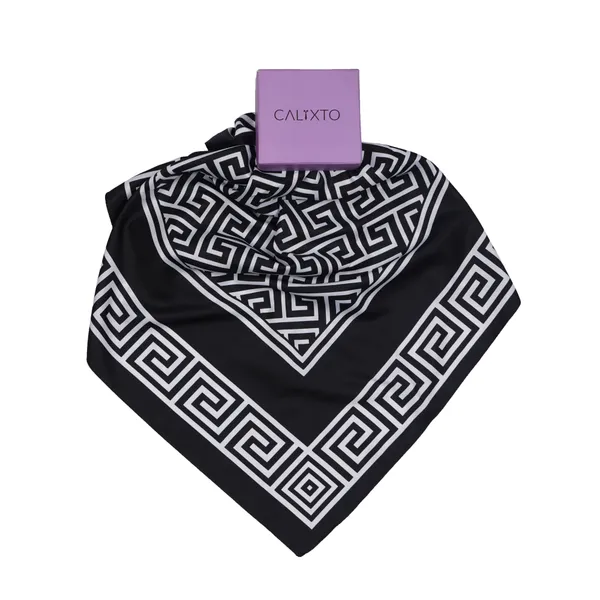 Calixto_Luxury_Black_&_White_Silk_Satin_Scarf_–_Geometric_Greek_Key_Pattern_–_Square_Neck,_Head,_or_Bag_Accessory_for_Women_–_35"_x_35"Inches