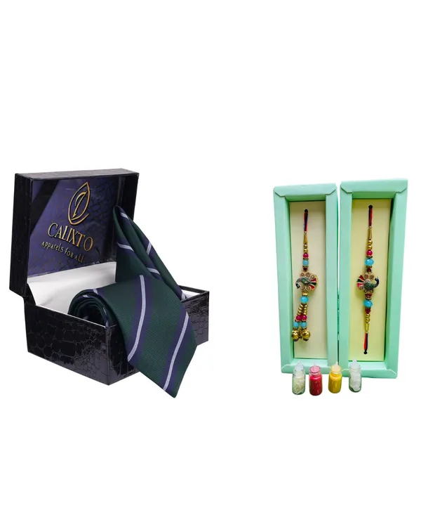 Calixto_Men's_Microfibre_Strips_Designer_Necktie_With_Pocket_Square_(Leatharite_Gift_Box)_with_Designer_Naksh_Rakhi