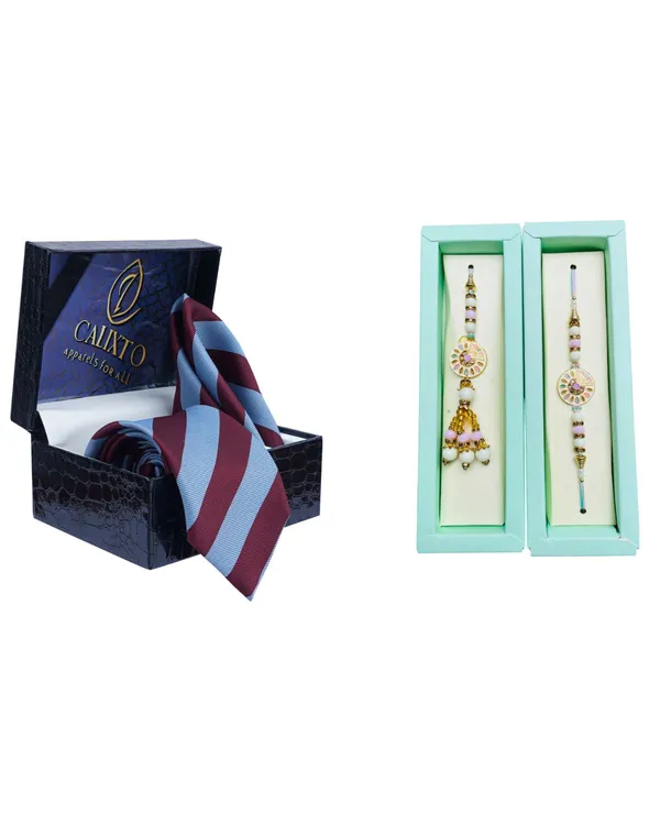 Calixto_Men's_Microfibre_Strips_Designer_Necktie_With_Pocket_Square_(Leatharite_Gift_Box)_with_Designer_Naksh_Rakhi