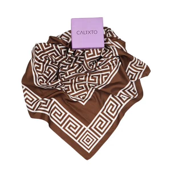 Calixto_Luxury_Silk_Satin_Square_Scarf_for_Women_–_Brown_&_White_Geometric_Greek_Key_Pattern_–_Versatile_Neck,_Head,_or_Handbag_Accessory