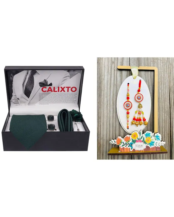 Mens_Microfiber_Necktie_Gift_Set_with_Designer_Naksh_Rakhi_Criss_Cross_Black_Tie,_Pocket_Square,_Cufflinks,_Brooch_&_Leather_Box