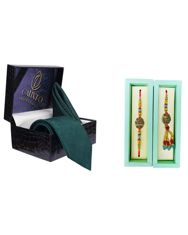 Calixto_Men's_Microfibre_Strips_Designer_Necktie_With_Pocket_Square_(Leatharite_Gift_Box)_with_Designer_Naksh_Rakhi