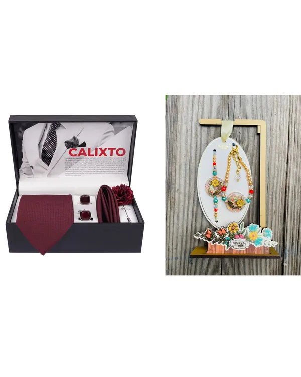 Mens_Microfiber_Necktie_Gift_Set_with_Designer_Naksh_Rakhi_Criss_Cross_Black_Tie,_Pocket_Square,_Cufflinks,_Brooch_&_Leather_Box