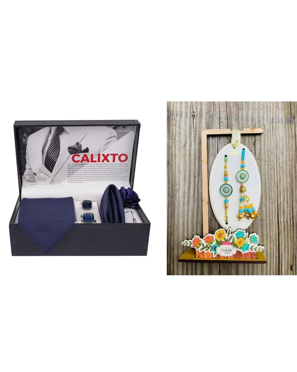 Mens_Microfiber_Necktie_Gift_Set_with_Designer_Naksh_Rakhi_Criss_Cross_Black_Tie,_Pocket_Square,_Cufflinks,_Brooch_&_Leather_Box