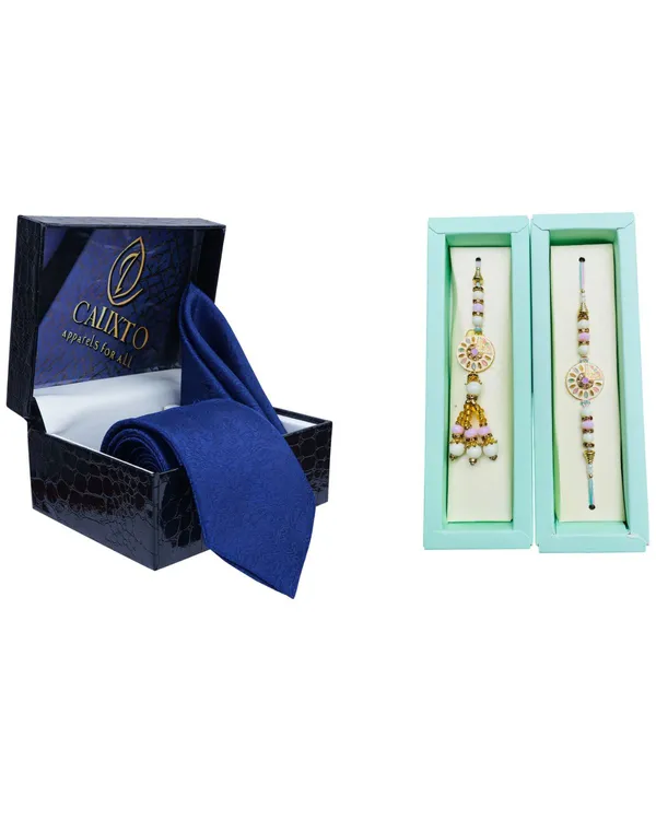 Calixto_Men's_Microfibre_Strips_Designer_Necktie_With_Pocket_Square_(Leatharite_Gift_Box)_with_Designer_Naksh_Rakhi