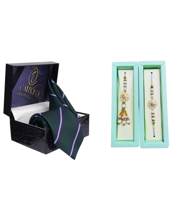 Calixto_Men's_Microfibre_Strips_Designer_Necktie_With_Pocket_Square_(Leatharite_Gift_Box)_with_Designer_Naksh_Rakhi