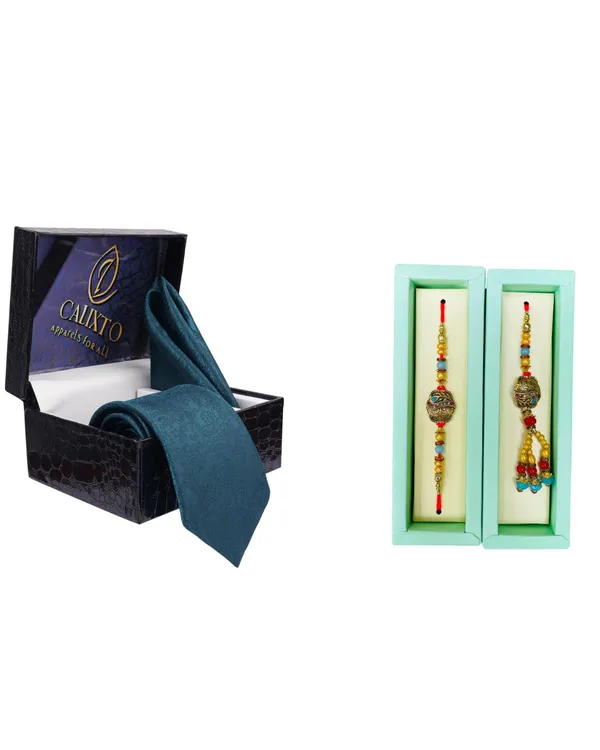 Calixto_Men's_Microfibre_Strips_Designer_Necktie_With_Pocket_Square_(Leatharite_Gift_Box)_with_Designer_Naksh_Rakhi