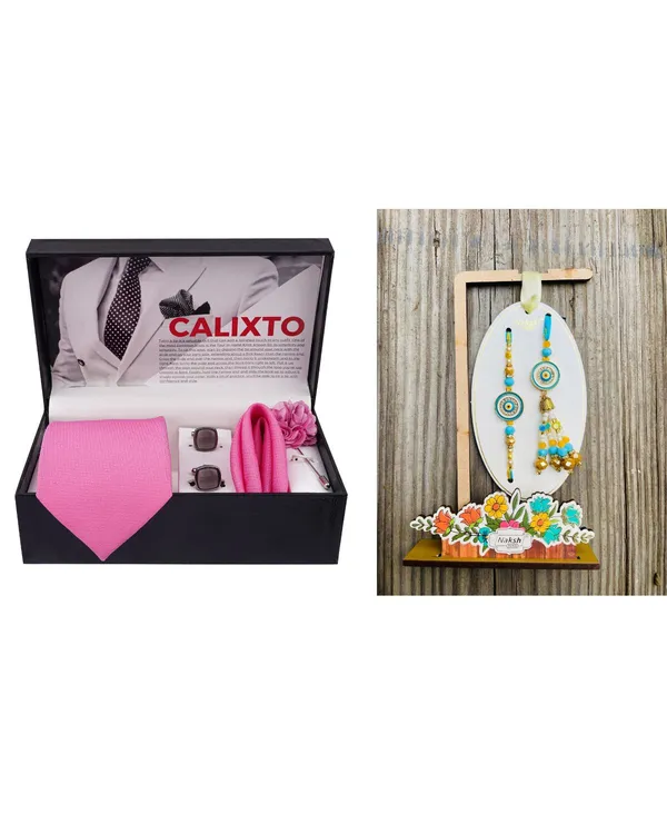 Mens_Microfiber_Necktie_Gift_Set_with_Designer_Naksh_Rakhi_Criss_Cross_Black_Tie,_Pocket_Square,_Cufflinks,_Brooch_&_Leather_Box