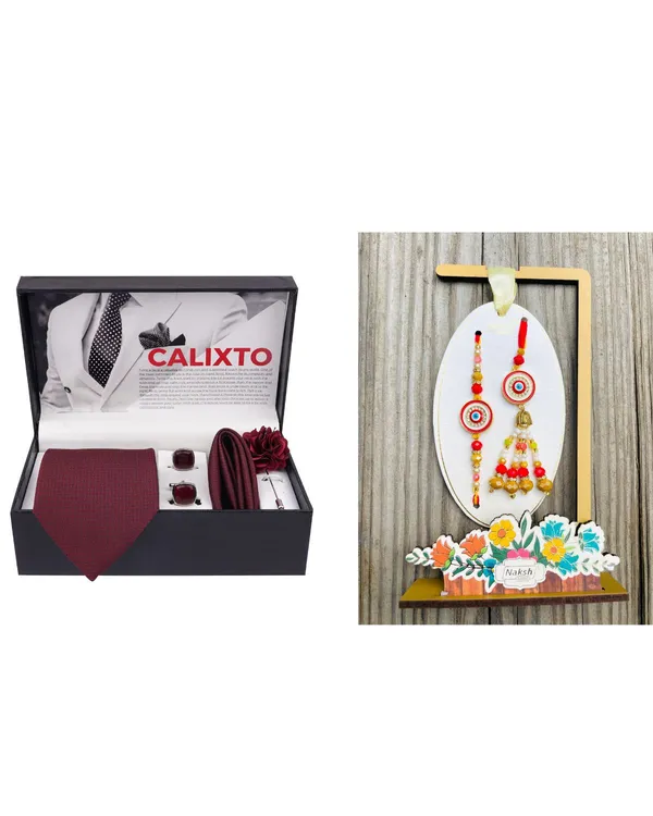 Mens_Microfiber_Necktie_Gift_Set_with_Designer_Naksh_Rakhi_Criss_Cross_Black_Tie,_Pocket_Square,_Cufflinks,_Brooch_&_Leather_Box