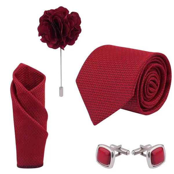 Reddish_Maroon_Microfiber_Criss_Cross_Pattern_Silky_Necktie_With_Pocket_Square,_Cufflinks_&_Brooch_Pin_Leather_Gift_Box_(Set_of_4)