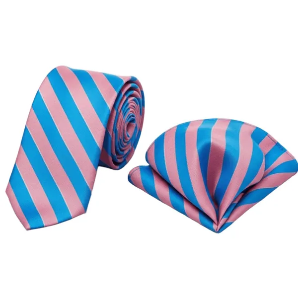 Pink_&_Blue_Roomy_Stripes_Design,_Poly_Cotton_Smooth_Fabric,Neck_Tie_With_Pocket_Square
