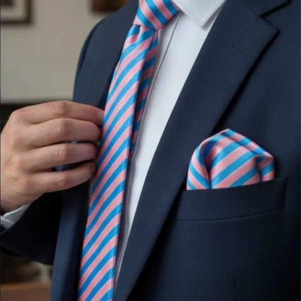 Pink_&_Blue_Roomy_Stripes_Design,_Poly_Cotton_Smooth_Fabric,Neck_Tie_With_Pocket_Square