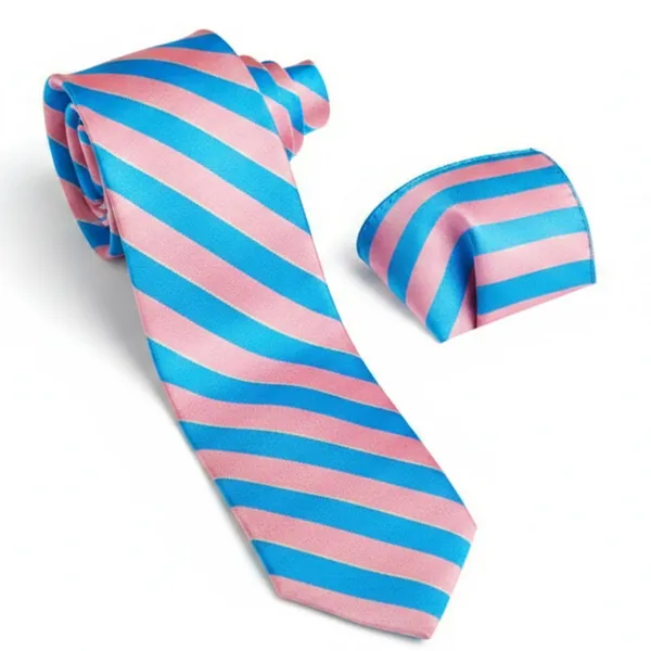 Pink_&_Blue_Roomy_Stripes_Design,_Poly_Cotton_Smooth_Fabric,Neck_Tie_With_Pocket_Square
